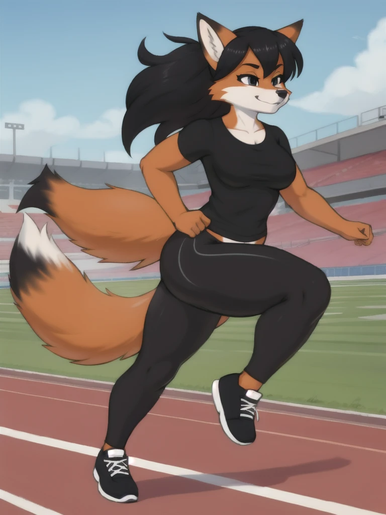 Furry, fox, female, black shirt, black leggings, shoes, running track, solo, full body