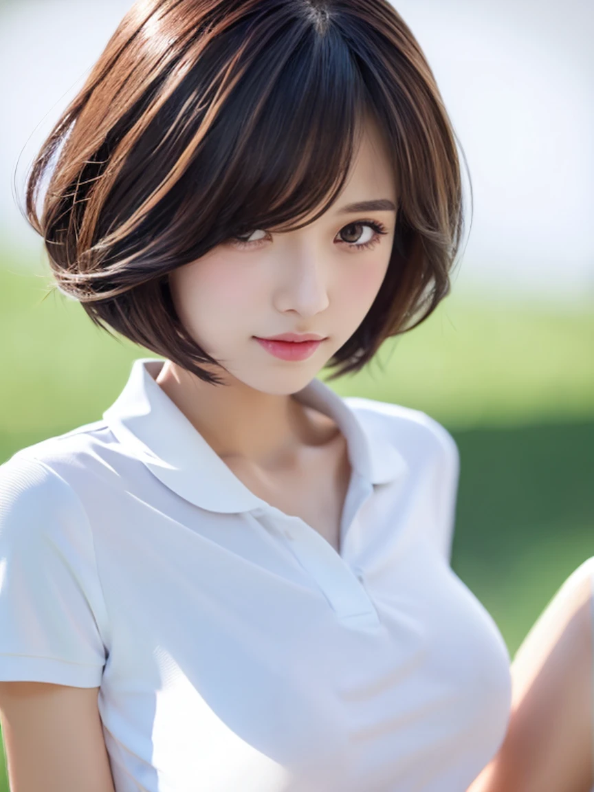 semi-realistic anime style、Slim girl with cute short cuts、Wearing a mini skirt、Wearing a white polo shirt、Good style、Small breasts、Beautiful eyes、Hair is smooth and soft、