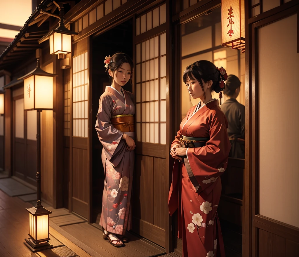 8K resolution, high image quality, high quality, real, a calm scene of a woman (high-class prostitute) in the Edo period staring out of the window in a traditional Japanese red light street building. The wooden building has a sliding paper door (shoji) and a lattice window. Oilan wears an exquisite kimono with a complex design, and her hair is styled with a traditional Japanese paper up with a gorgeous hairpin. She stands by the window and looks outside with a thoughtful expression. Outside, cherry trees line the street, their petals fall gently, and traditional lanterns illuminate the street with a soft and warm glow. The atmosphere is peaceful, but there is a sense of admit.