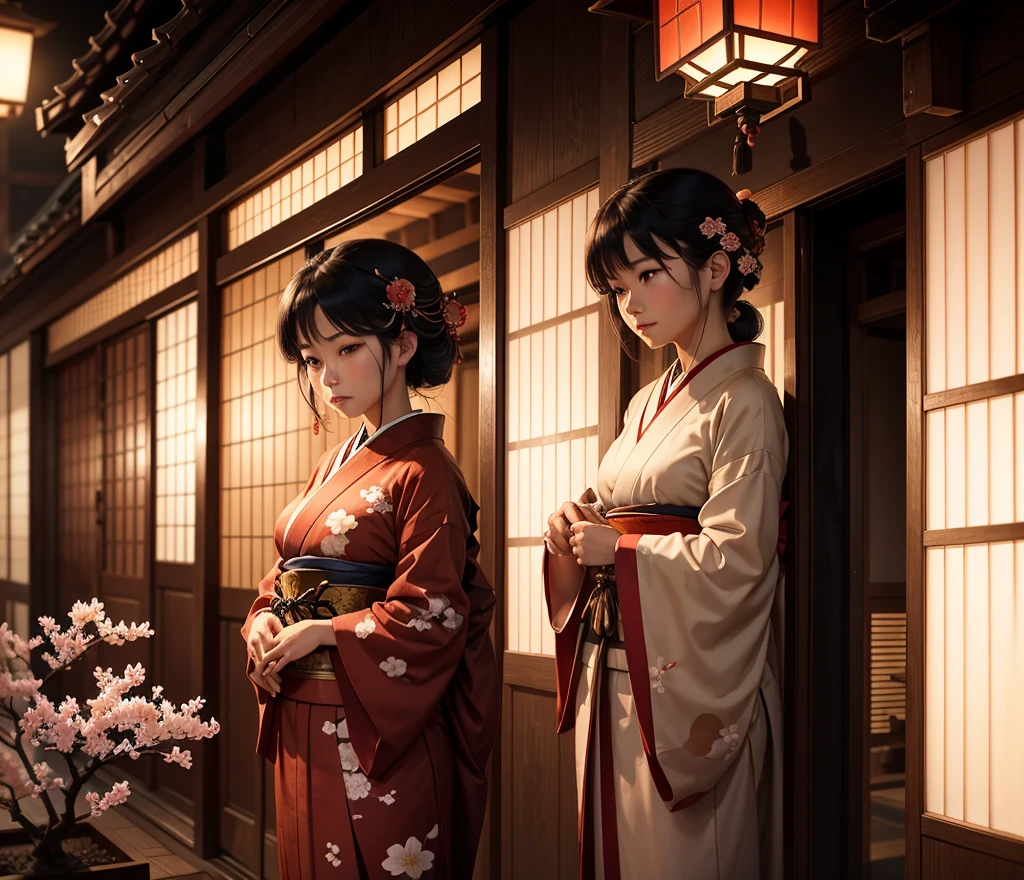 8K resolution, high image quality, high quality, real, a calm scene of a woman (high-class prostitute) in the Edo period staring out of the window in a traditional Japanese red light street building. The wooden building has a sliding paper door (shoji) and a lattice window. Oilan wears an exquisite kimono with a complex design, and her hair is styled with a traditional Japanese paper up with a gorgeous hairpin. She stands by the window and looks outside with a thoughtful expression. Outside, cherry trees line the street, their petals fall gently, and traditional lanterns illuminate the street with a soft and warm glow. The atmosphere is peaceful, but there is a sense of admit.