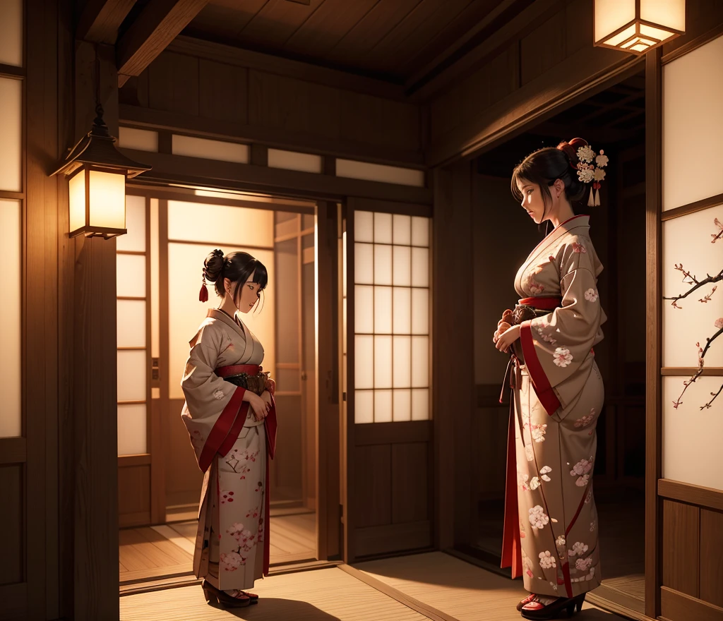 8K resolution, high image quality, high quality, real, a calm scene of a woman (high-class prostitute) in the Edo period staring out of the window in a traditional Japanese red light street building. The wooden building has a sliding paper door (shoji) and a lattice window. Oilan wears an exquisite kimono with a complex design, and her hair is styled with a traditional Japanese paper up with a gorgeous hairpin. She stands by the window and looks outside with a thoughtful expression. Outside, cherry trees line the street, their petals fall gently, and traditional lanterns illuminate the street with a soft and warm glow. The atmosphere is peaceful, but there is a sense of admit.