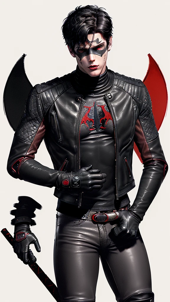 ,((jason todd)),((young cute and cool ikemen boy)), ((face is no paint and no mask)),((mesh bands only white color)),his age is early 20s, thin eyebrows and beady eyes, ((he wearing all beige color thin leather jacket)),(( single-brest)),((leather jacket is long sleeve)),((also wearing black thick material turtleneck lackluster shirts)),((chest area on red color bat illustration)), ((tight dark gray color leather pants)),((put black color protection leather glove on both hands)),((black color middle length leather boots)),((Japanese style character))