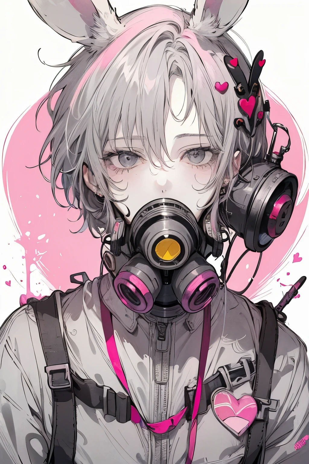 Beautiful young man, pinkpurple-haired, ((Gray eyes)),(short wave hair:1.2), (gas mask:1.2),((bunny girl cosplay:1.2)),clear wear,High quality, amount of drawing, pixiv illustration,(heart:1.2),close-up Face,red-cheek,(NSFW:1.0).