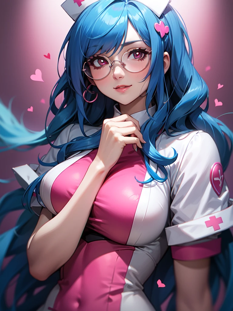 (((Portrait Photo))), She has the Appearance of a Caring and Professional Young Nurse, with a Voluptuous Figure that Radiates Kindness and Competence. Her Long, Wavy Blue Hair is Elegantly Styled, Falling Gracefully Over Her Shoulders and Framing Her Gentle Face. Her Large, Red Eyes, Enhanced by Glasses, Reflect a Deep Compassion and Warmth, Inviting Trust and Comfort. Her Expression is Soft and Understanding, with a Hint of a Smile that Conveys Reassurance and Dedication. (((Portrait Photo))), (((Dark Background))), (((Sexy Pink Nurse's Uniform Accentuates Her Curves))), (((Heart-shaped Pupils))), (((Long Wavy Blue Hair))), (((Circular Glasses)))