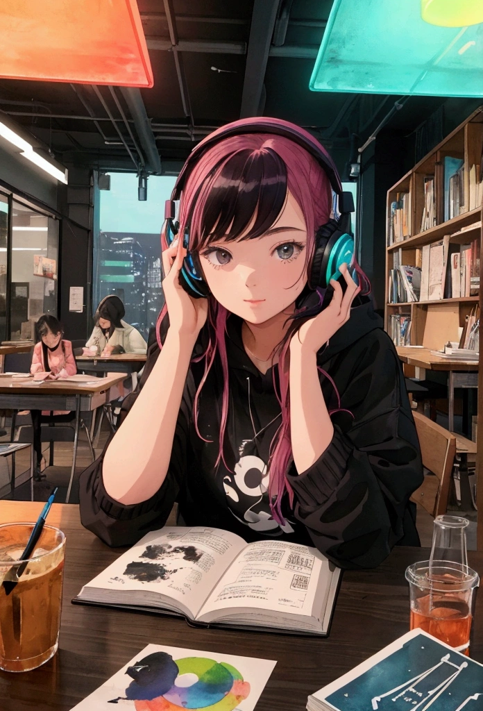 (praise), Girl studying at table, Reading a book, Headphones , Night Light, Neon scenery on a rainy day,Analog Color Theme, Lo-fi hip hop , retrospective exhibition, flat, 2.5D ,Line art, Ink Painting, Large slope, Watercolor, Goose color, Very colorful, outcome, Synthwave, praise art,90s Style,Old Texture, amplitude,90'Atmosphere of, Tabletop, Great skills,Hold the pen with your right hand only,Immerse yourself in research,