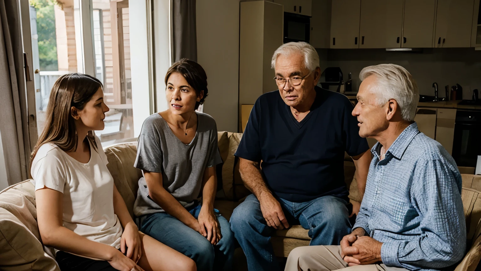 Old man sit down in his home with 3 people