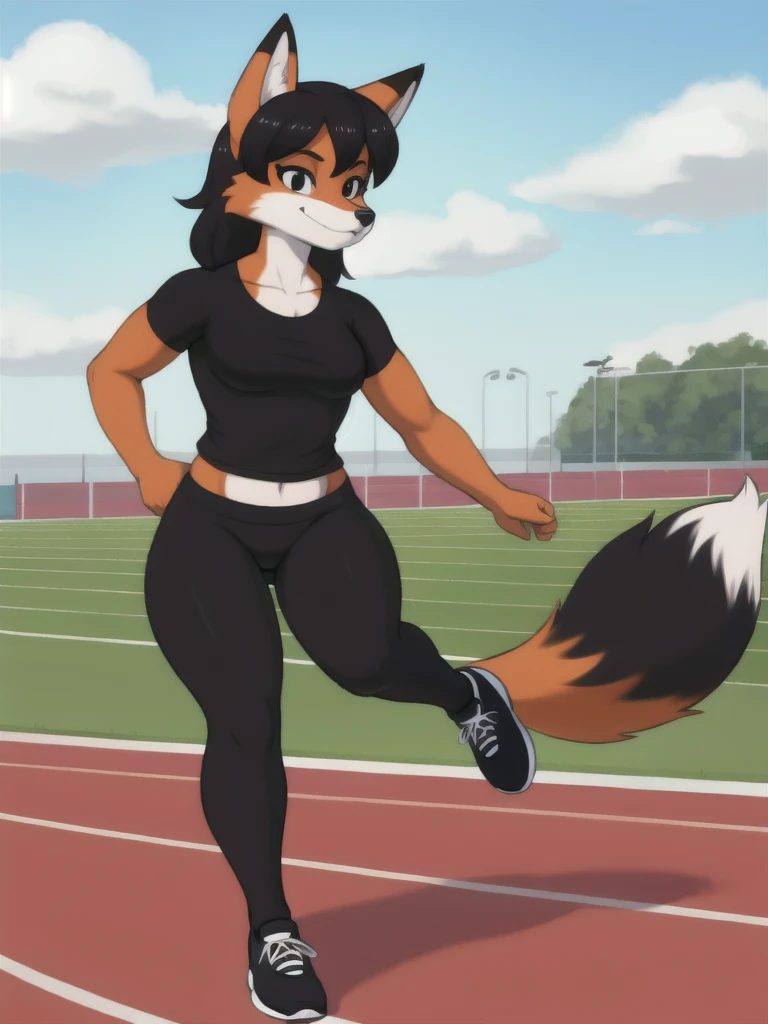 Furry, fox, female, black shirt, black leggings, shoes, running track, solo, full body