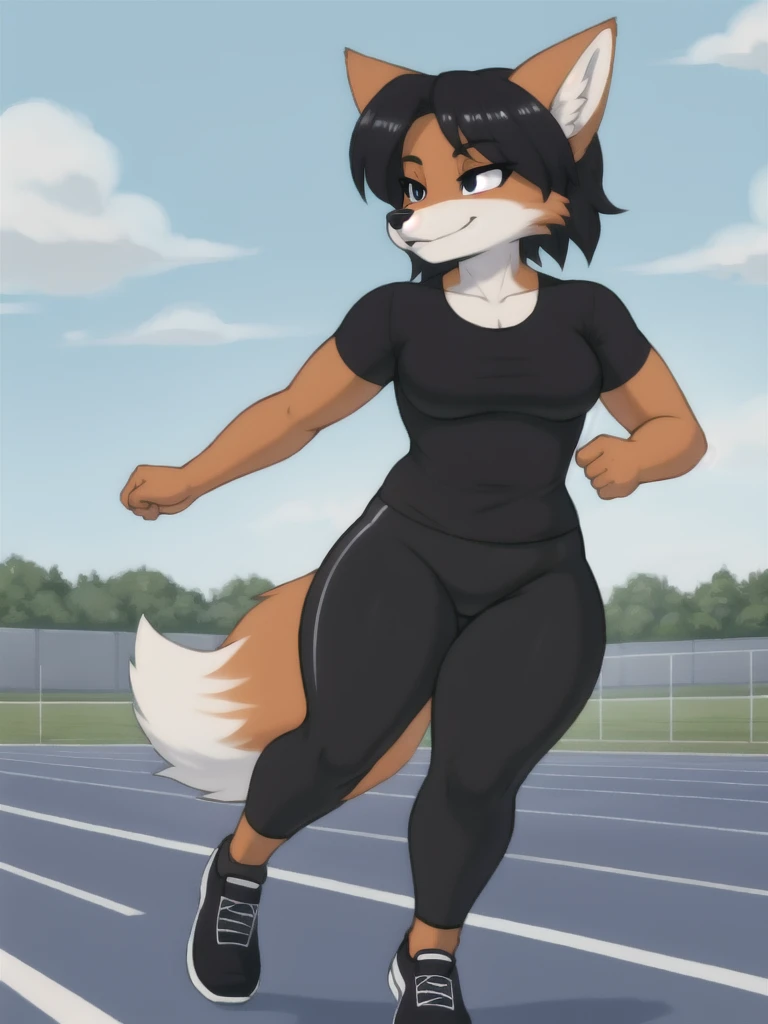 Furry, fox, female, black shirt, black leggings, shoes, running track, solo, full body