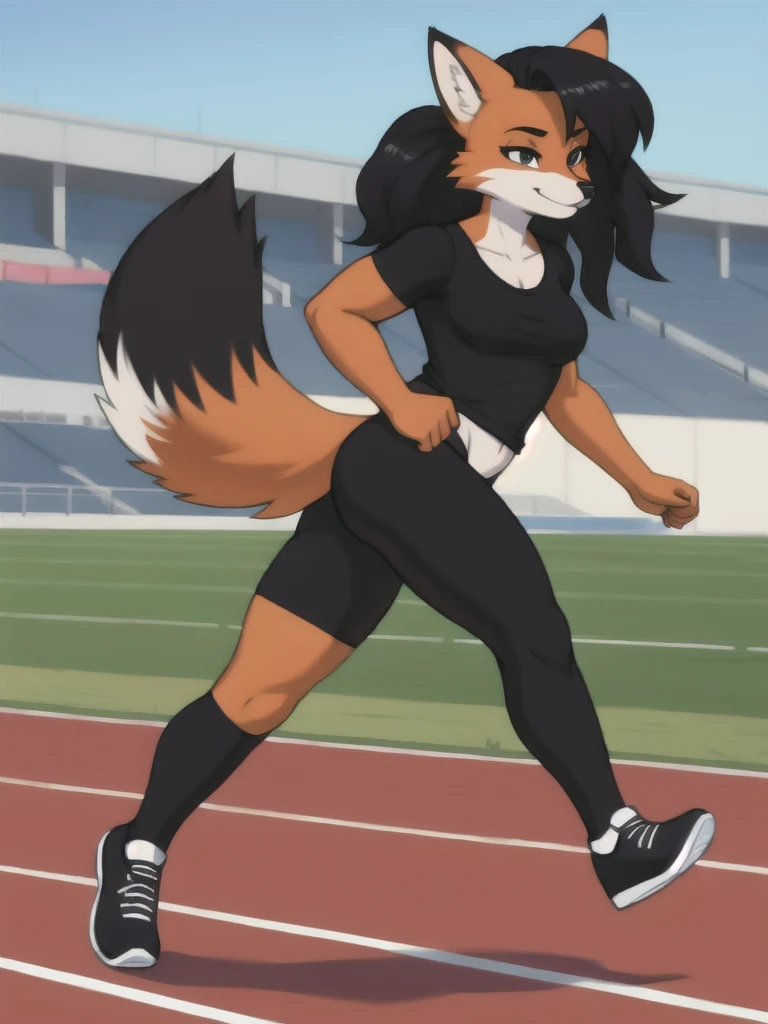 Furry, fox, female, black shirt, black leggings, shoes, running track, solo, full body