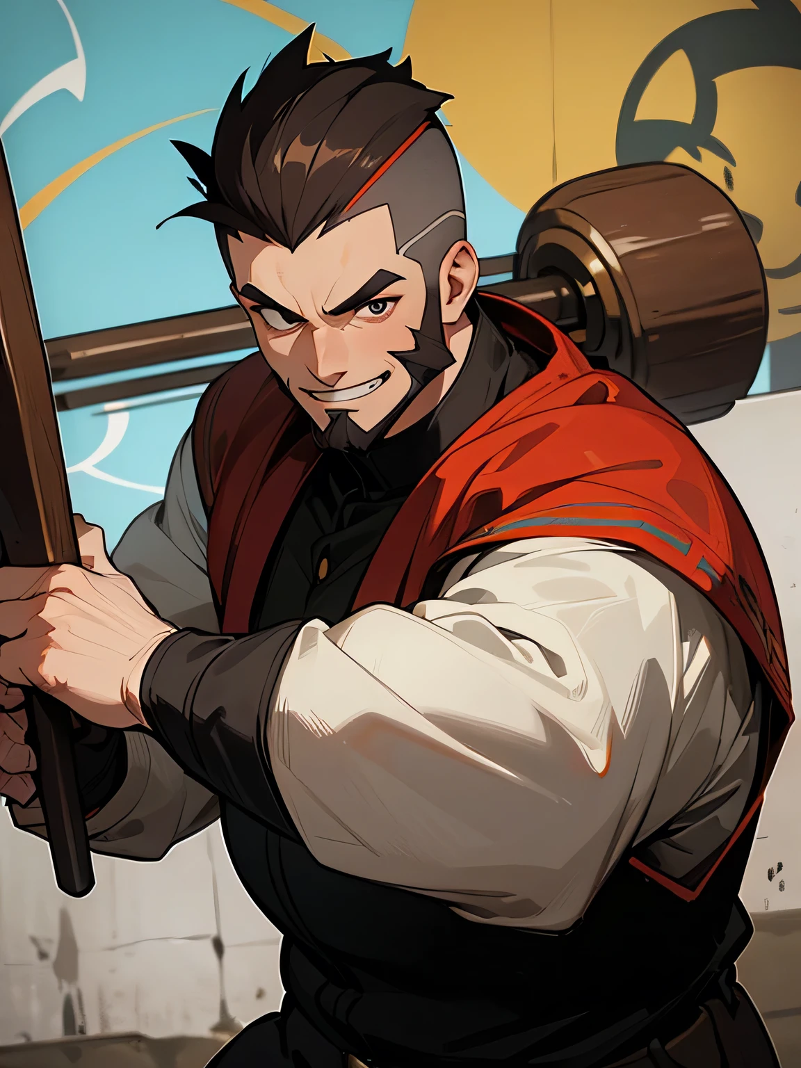 solo, upperbody, man, very short side shaved,brown Mohawk haircut ,buzz cut, (round face:1.2),big forehead, male's eye, male's nose, male's mouth, handsome male features,beard:-0.2, plump:1.2, ,muscles, grin, noble black aristocrat costume,big hammer,stylish fighting stance, graffiti,
