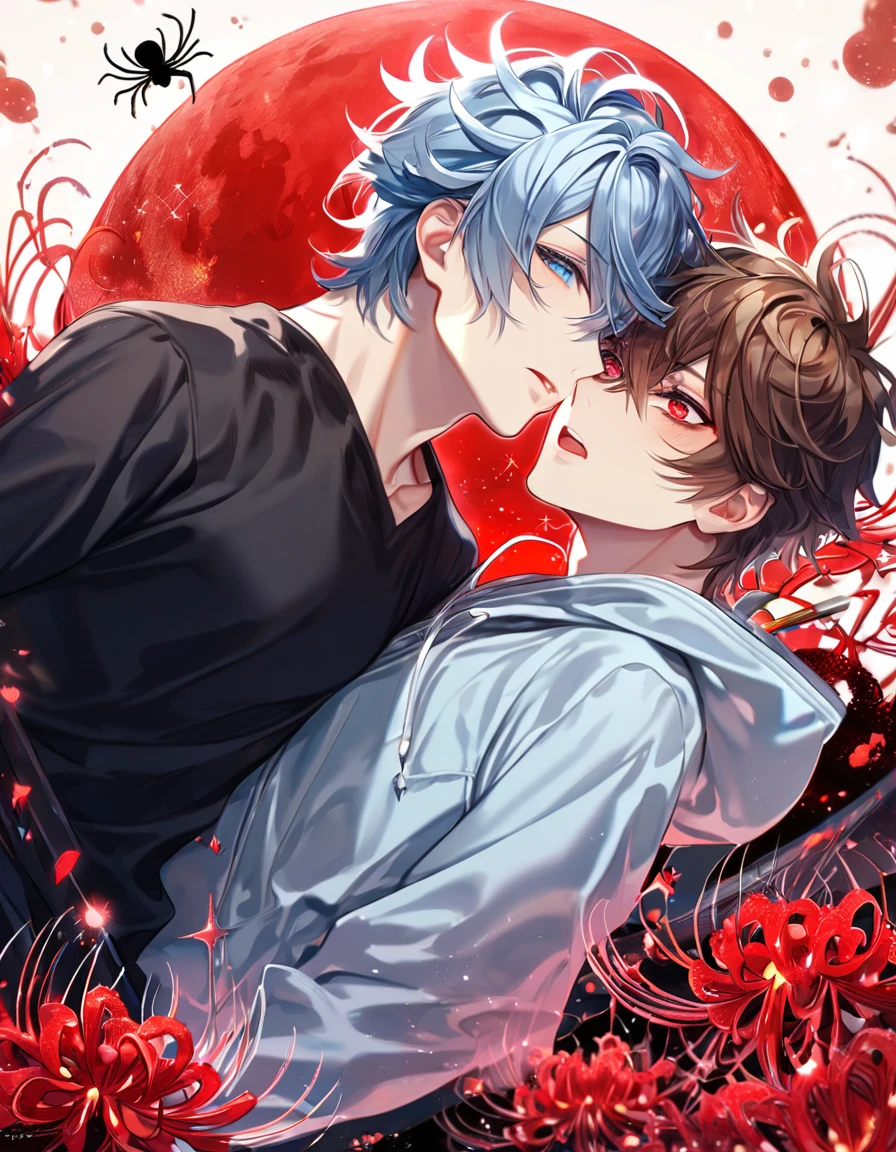 absurdres, highres, ultra detailed, HDR, master piece, best quality, extremely detailed, Kuro, light-blue hair, messy hair, expressive red eyes, Servamp, Krozerus, brown hair, expressive blue eyes, two sexy men together, yaoi, gay couple, handsome, sensual, light blue hooded coat, black shirt, fantasy, red blood water, sparkling, red glittering fireflies, red moon, red blossoms, red spider lilies, red sparkling lights, starry sky, magical