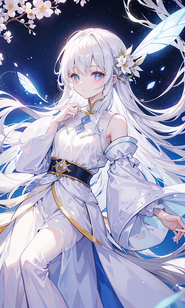 The fairy doctor in a soft white coat,Soft sleeves,Decorated with white cloud flowers,There is a feeling of fairy air,Long, straight white hair,Oval face,Tall and slender,Rich and upright,