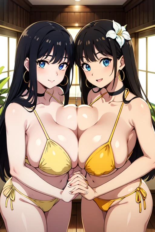 good quality, best quality, highres, absurdres, 8k, 4K, masterpiece, long hair, (breasts), looking at viewer, smile, bangs, blue eyes, multiple girls, ((huge breasts)), black hair, hair ornament,  2girls, (cleavage), bare shoulders, jewelry, collarbone, swimsuit, flower, (hetero), bikini, earrings, choker, indoors, hair flower,  holding hands, pov, (breast press),  hoop earrings, yellow bikini, symmetrical docking,  gold bikini