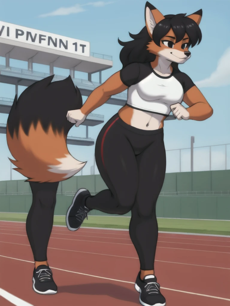 Furry, fox, female, black shirt, black leggings, shoes, running track, solo, full body