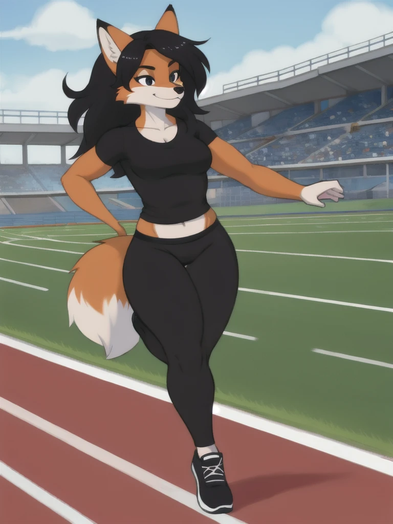 Furry, fox, female, black shirt, black leggings, shoes, running track, solo, full body