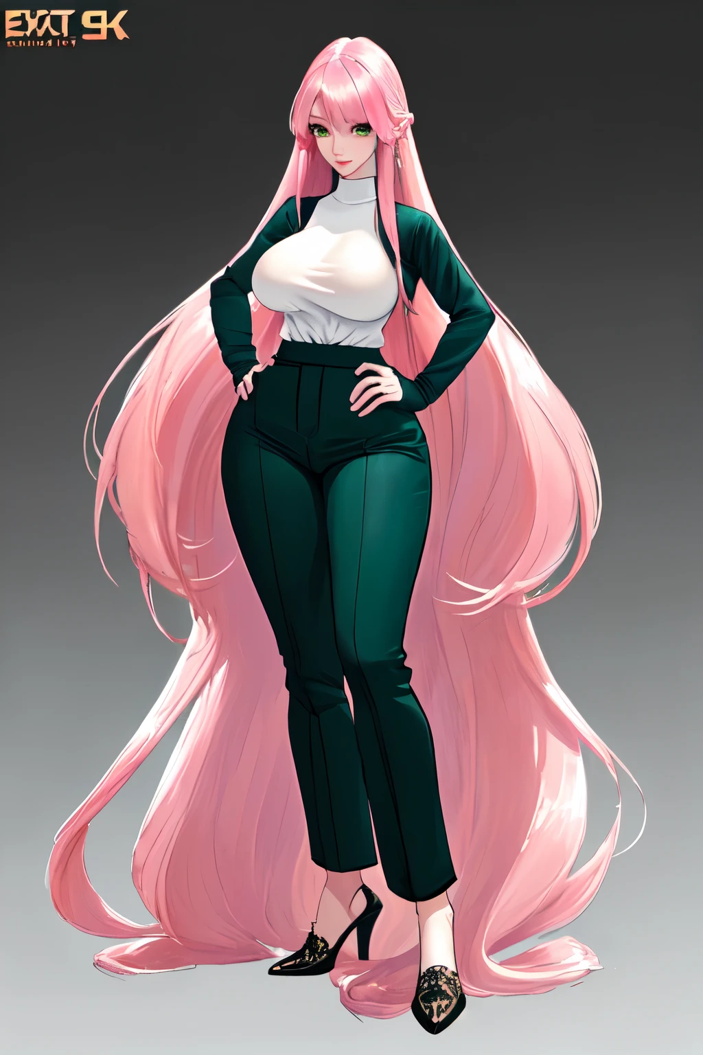 1womanl, pink  hair, ((extra long hair)), shaved hair, breasts big, voluminous breasts, Long-sleeve shirt, long pants, greeneyes, (detailedeyes), high resolution, Very Detail, 8k, (perfect hands), (Extra detailed face), pose sexy, extra detailed body, extra long hair, shaved hair, General plan
