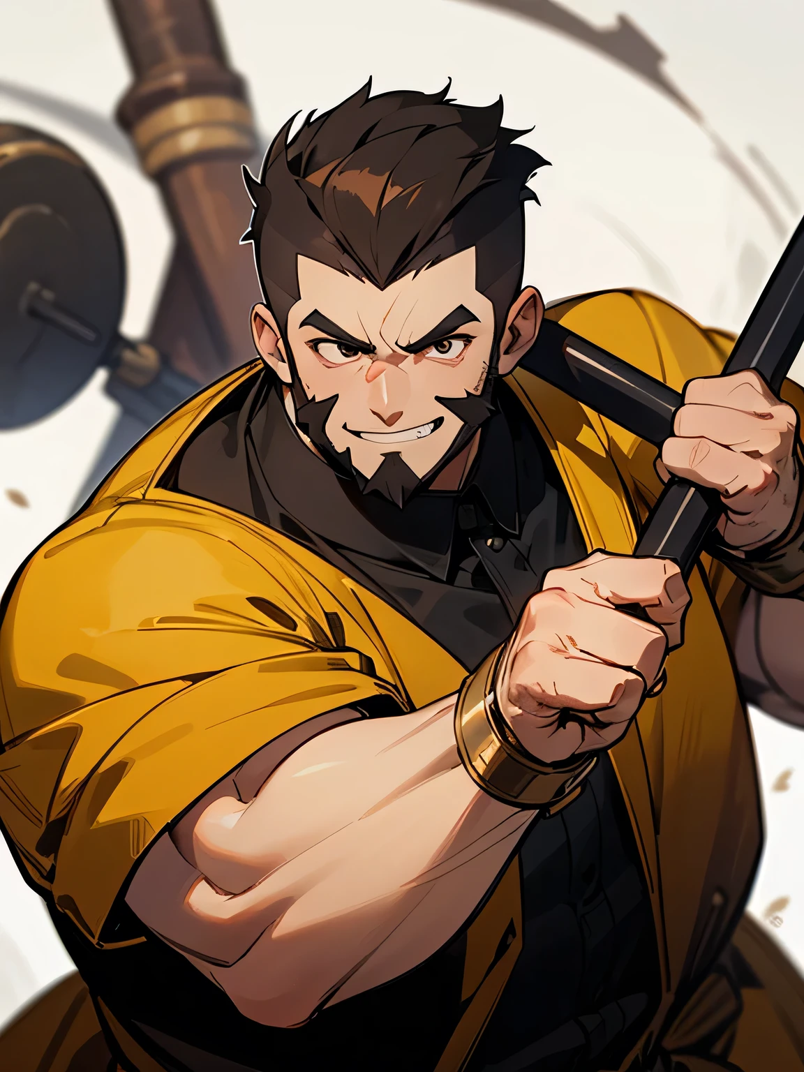 solo, upperbody, man, very short side shaved,brown Mohawk haircut ,buzz cut, (round face:1.2),big forehead, male's eye, male's nose, male's mouth, handsome male features,beard:-0.2, plump:1.2, ,muscles, grin, noble black aristocrat costume,big hammer,stylish fighting stance, graffiti,