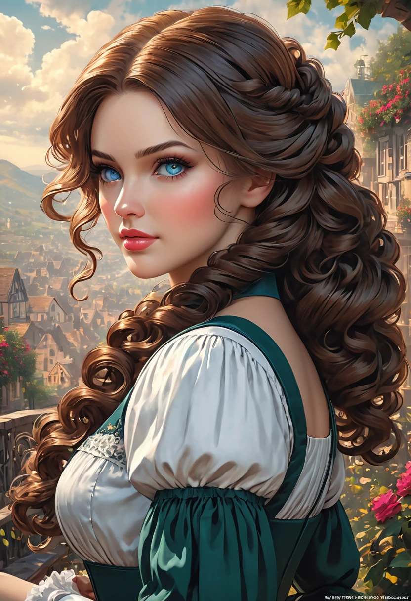 Beautiful Dickensian woman. A proper Lady, modest, moral, prim & proper. Innocent. But with hidden sultriness. with hair that is coarse, wiry, and tightly curled. It often has a rough texture, feels stiff to the touch, and may be prone to frizz and tangling. The curls can be densely packed. . The Official Art – An Award-Winning Digital Masterpiece In 4K Ultra HD, Extreme Detail And Intricate Realism. This Concept Art Brought To Life By The Hands Of Artists Like Wlop & Artgerm In A Stunning 2D Vector Illustration. Paige Renee Spiranac. LArge, perky, full, well shaped pleasing breasts. Background is a panoramic vista.