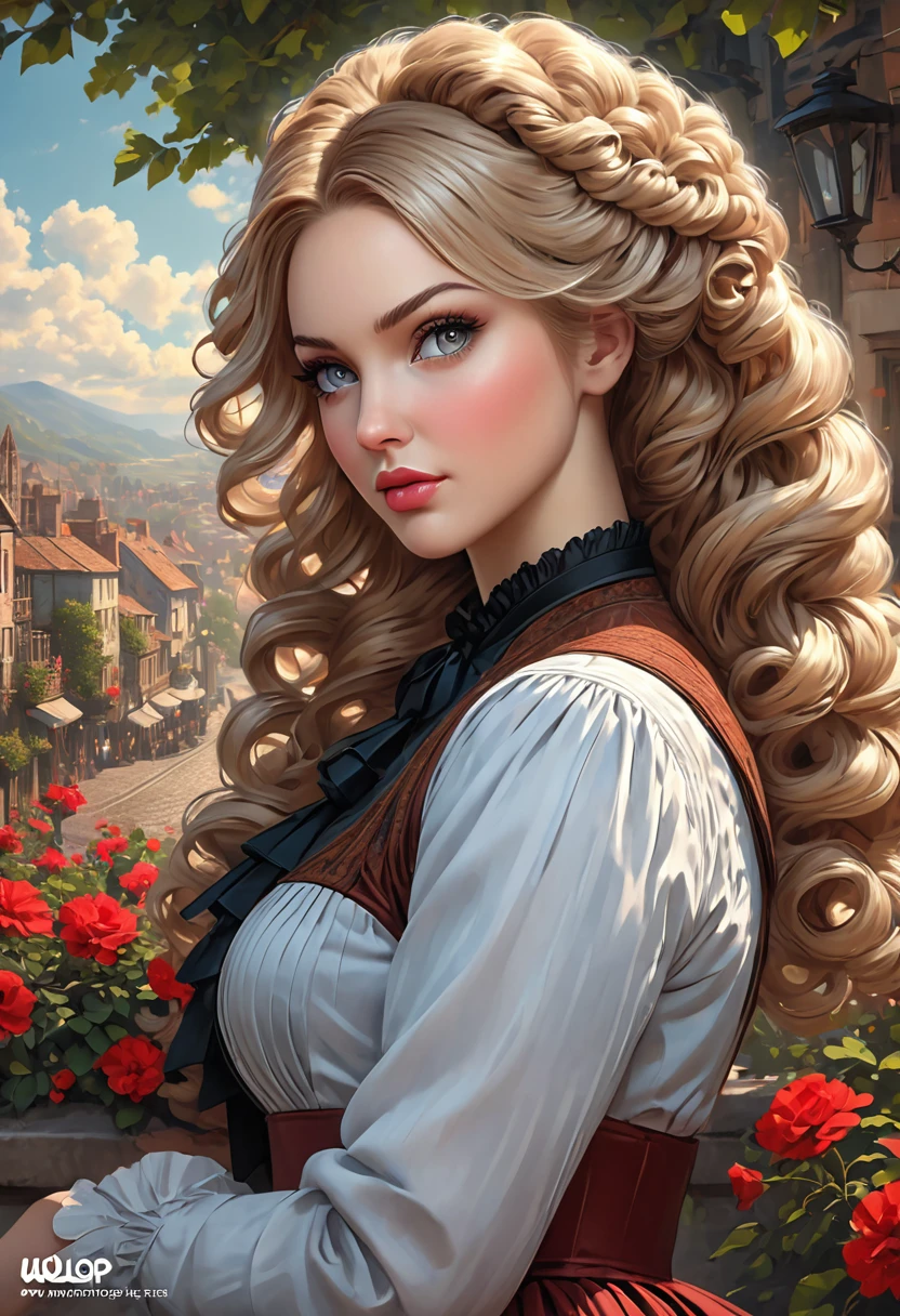 Beautiful Dickensian woman. A proper Lady, modest, moral, prim & proper. Innocent. But with hidden sultriness. with hair that is coarse, wiry, and tightly curled. It often has a rough texture, feels stiff to the touch, and may be prone to frizz and tangling. The curls can be densely packed. . The Official Art – An Award-Winning Digital Masterpiece In 4K Ultra HD, Extreme Detail And Intricate Realism. This Concept Art Brought To Life By The Hands Of Artists Like Wlop & Artgerm In A Stunning 2D Vector Illustration. Paige Renee Spiranac. LArge, perky, full, well shaped pleasing breasts. Background is a panoramic vista.