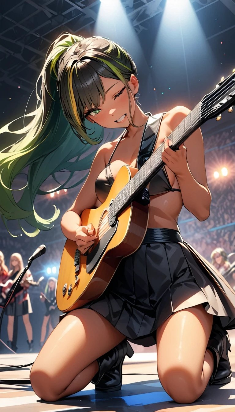 (highest quality:1.2, Very detailed, up to date, Vibrant, Ultra-high resolution, High Contrast, masterpiece:1.2, highest quality, Best aesthetics), Portraiture、girl、stage、performance、Rock Music、Bright colors、Beautiful fine details、Beautiful lip detail、long hair、ponytail, open mouth, white and yellow green ((streaked hair:1.6)), highlights hair: 1.5, medium breast, (tan skin:1.1), Music band、Concert Light、Edgy Style、(black Skirt-style-bikini:1.5)、mini skirt, loose fit, boots, ((playing the guitar:1.5), standing and kneeling, arched back:1.8), (leaning back:1.4), (right hand up:1), Electric guiter、Gibson Les-Paul, dynamic pose、Dynamic Movement、hypnotic sounds、Stadium、amplifier、Loud music、The presence of an attractive stage、 Expressive gestures、Rock star aura、An exciting atmosphere、An unforgettable show, (cowboy shot)
