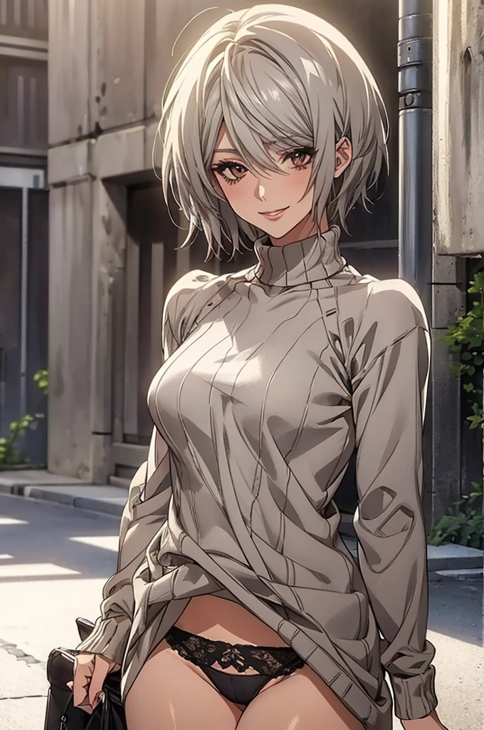 (Highest quality, High resolution, Very detailed), Silver Hair, Super short hair, Reddish brown eyes, sweater dress, lace thong, Large Breasts, Perfect Makeup, 24th generation, Beautiful woman, mature, quiet, Calm, A small smile, city Street,