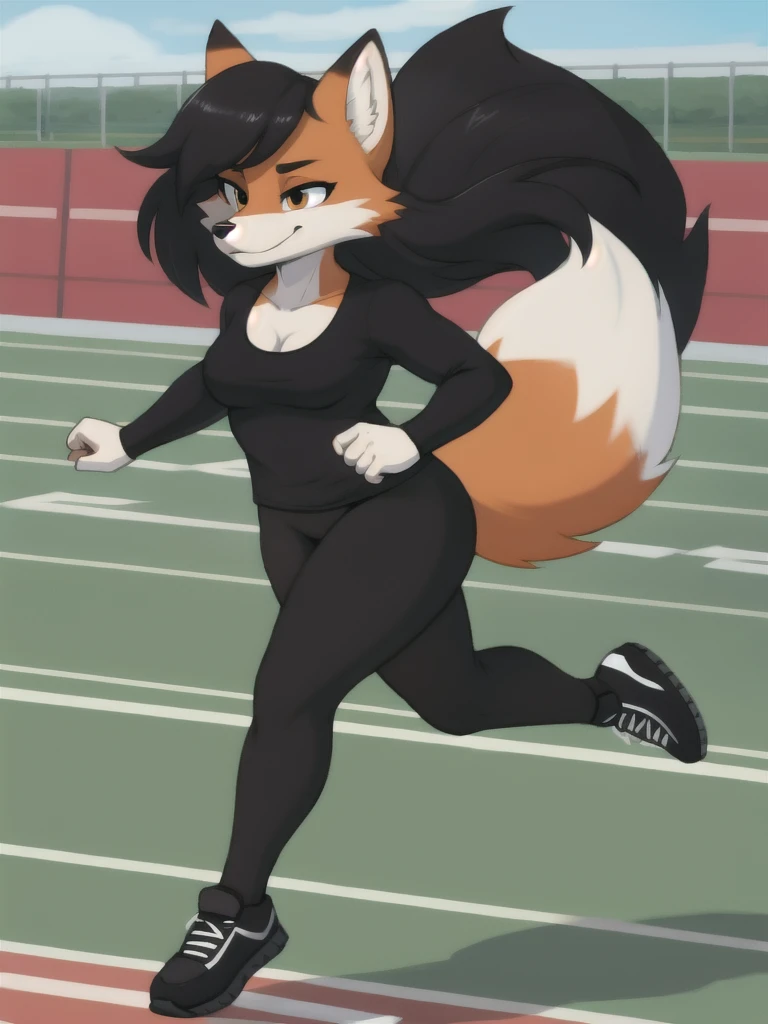 Furry, fox, female, black shirt, black leggings, shoes, running track, solo, full body