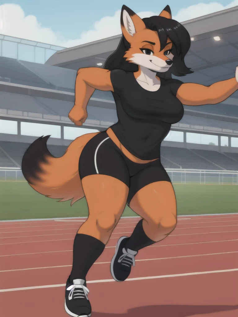 Furry, fox, female, black shirt, black leggings, shoes, running track, solo, full body