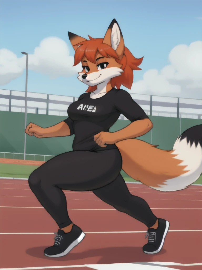 Furry, fox, female, black shirt, black leggings, shoes, running track, solo, full body