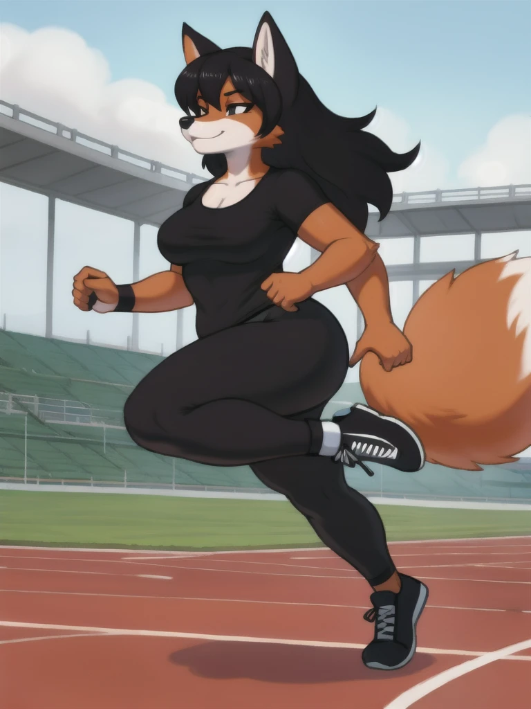 Furry, fox, female, black shirt, black leggings, shoes, running track, solo, full body
