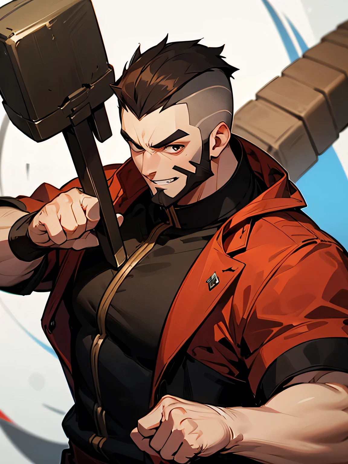solo, upperbody, man, very short side shaved,brown Mohawk haircut ,buzz cut, (round face:1.2),big forehead, male's eye, male's nose, male's mouth, handsome male features,beard:-0.2, plump:1.2, ,muscles, grin, noble black aristocrat costume,big hammer,stylish fighting stance, graffiti,
