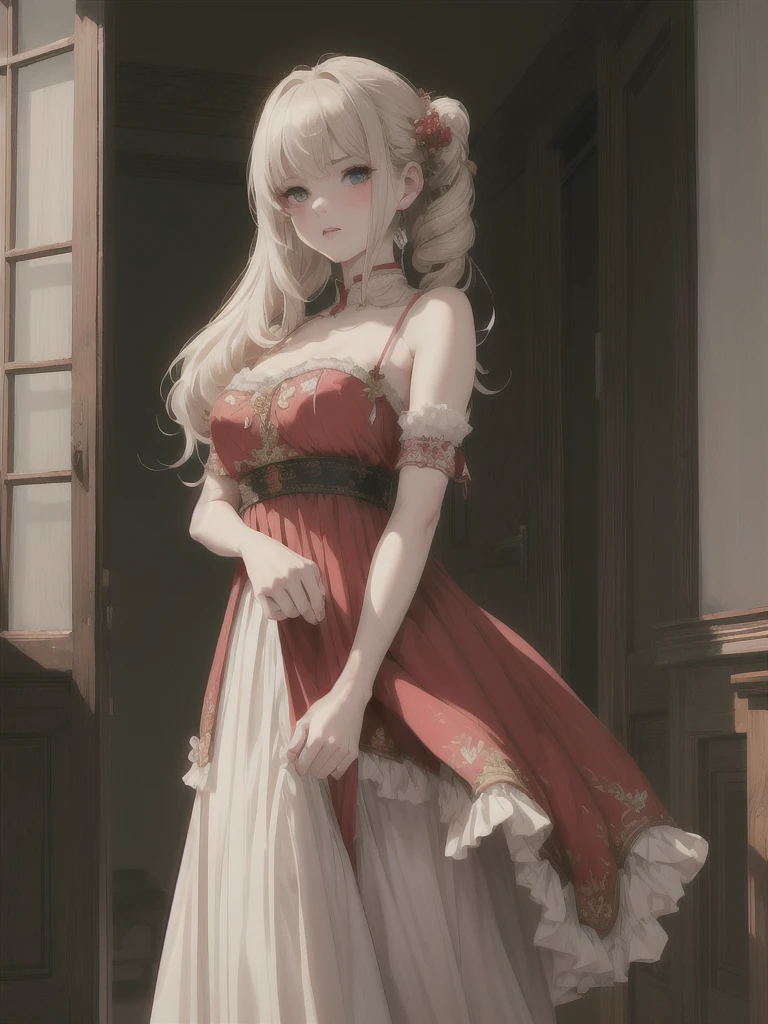 In the antique attic{{{masterpiece}}}, {{{best quality}}}, {{Extremely detailed}}, {light}, {illustration}, {Beautiful and delicate eyes}, {1 Girl}, Extremely detailed, 1 Girl, Solitary,Hand details, Wearing double ponytails, For the audience, In the antique attic ,A look of disgust, Perfect face, White skin, Noble and beautiful, Flawless, Angry expression, Intricate details, 18-year-old girl wearing chiffon Chinese long skirt, ,Red skirt with various decorations hanging on the hair