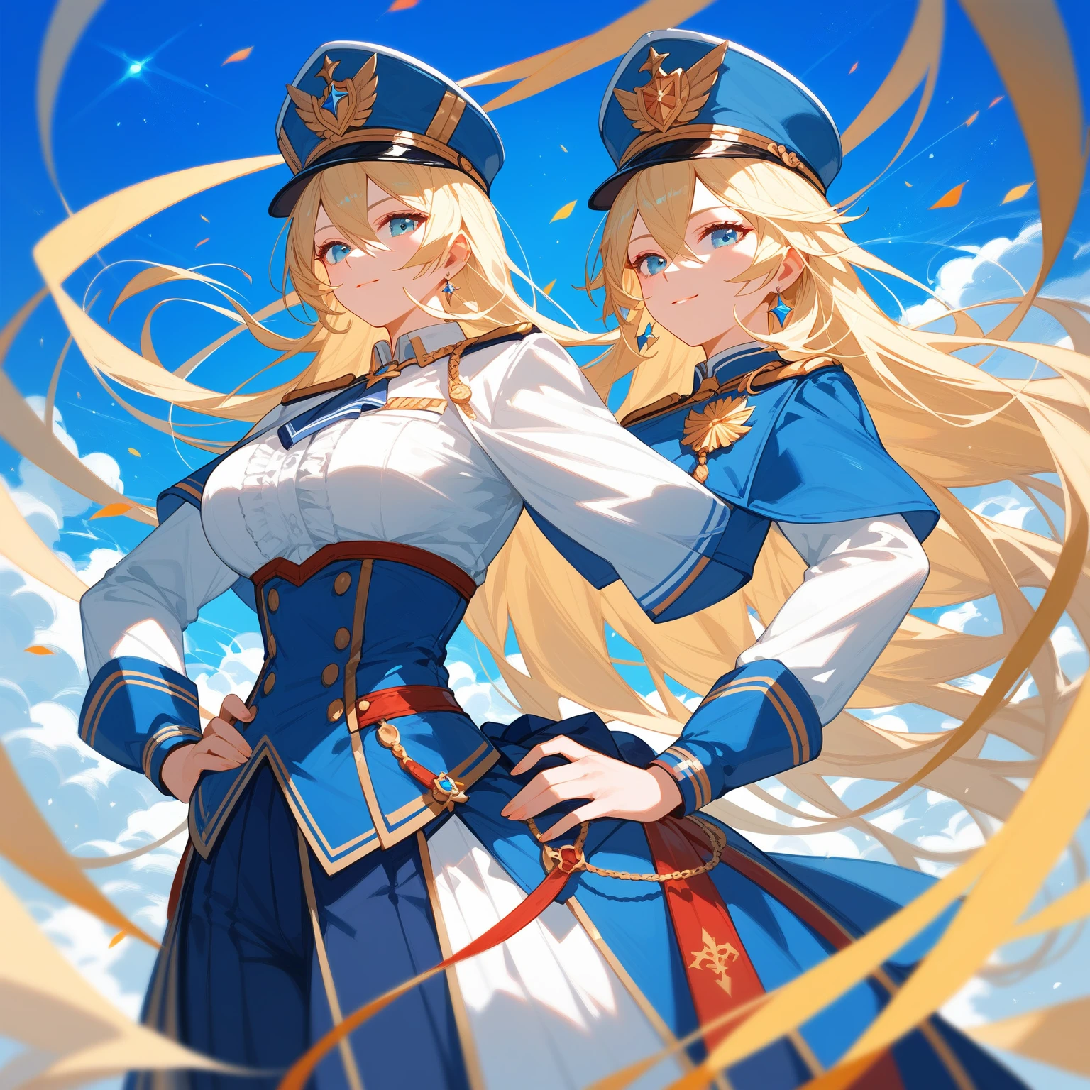 {{wonderful}}, Highest quality, Ultra-detailed CG Unity 8k Wallpaper, Beautiful details、Blonde、Wearing a uniform and hat、Woman standing with hands on hips, Inspired by Le Chevalier, from Girls&#39; Frontline, The finer details. Girls&#39; Frontline, Official character art, Anime Maid SS Military, A delicate androgynous prince, Beautiful androgynous prince, Danganronpa digital art, Girls&#39; Frontline style, Kschaert Krentz Key Art Feminine