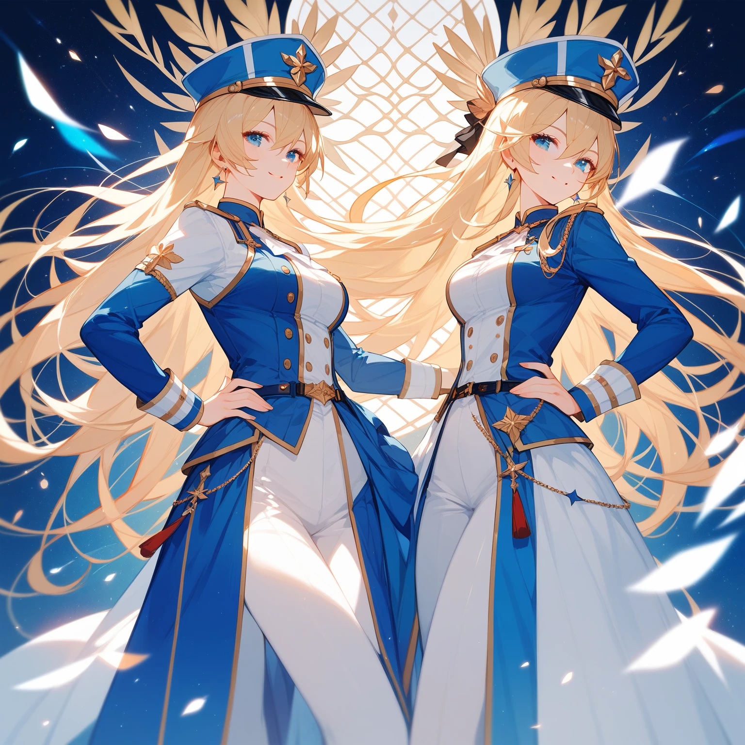 {{wonderful}}, Highest quality, Ultra-detailed CG Unity 8k Wallpaper, Beautiful details、Blonde、Wearing a uniform and hat、Woman standing with hands on hips, Inspired by Le Chevalier, from Girls&#39; Frontline, The finer details. Girls&#39; Frontline, Official character art, Anime Maid SS Military, A delicate androgynous prince, Beautiful androgynous prince, Danganronpa digital art, Girls&#39; Frontline style, Kschaert Krentz Key Art Feminine