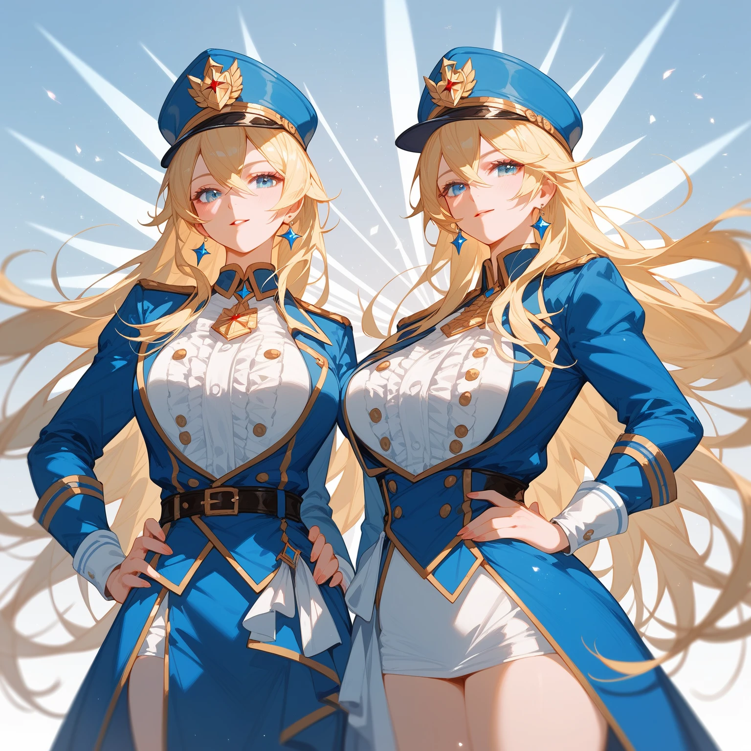 {{wonderful}}, Highest quality, Ultra-detailed CG Unity 8k Wallpaper, Beautiful details、Blonde、Wearing a uniform and hat、Woman standing with hands on hips, Inspired by Le Chevalier, from Girls&#39; Frontline, The finer details. Girls&#39; Frontline, Official character art, Anime Maid SS Military, A delicate androgynous prince, Beautiful androgynous prince, Danganronpa digital art, Girls&#39; Frontline style, Kschaert Krentz Key Art Feminine