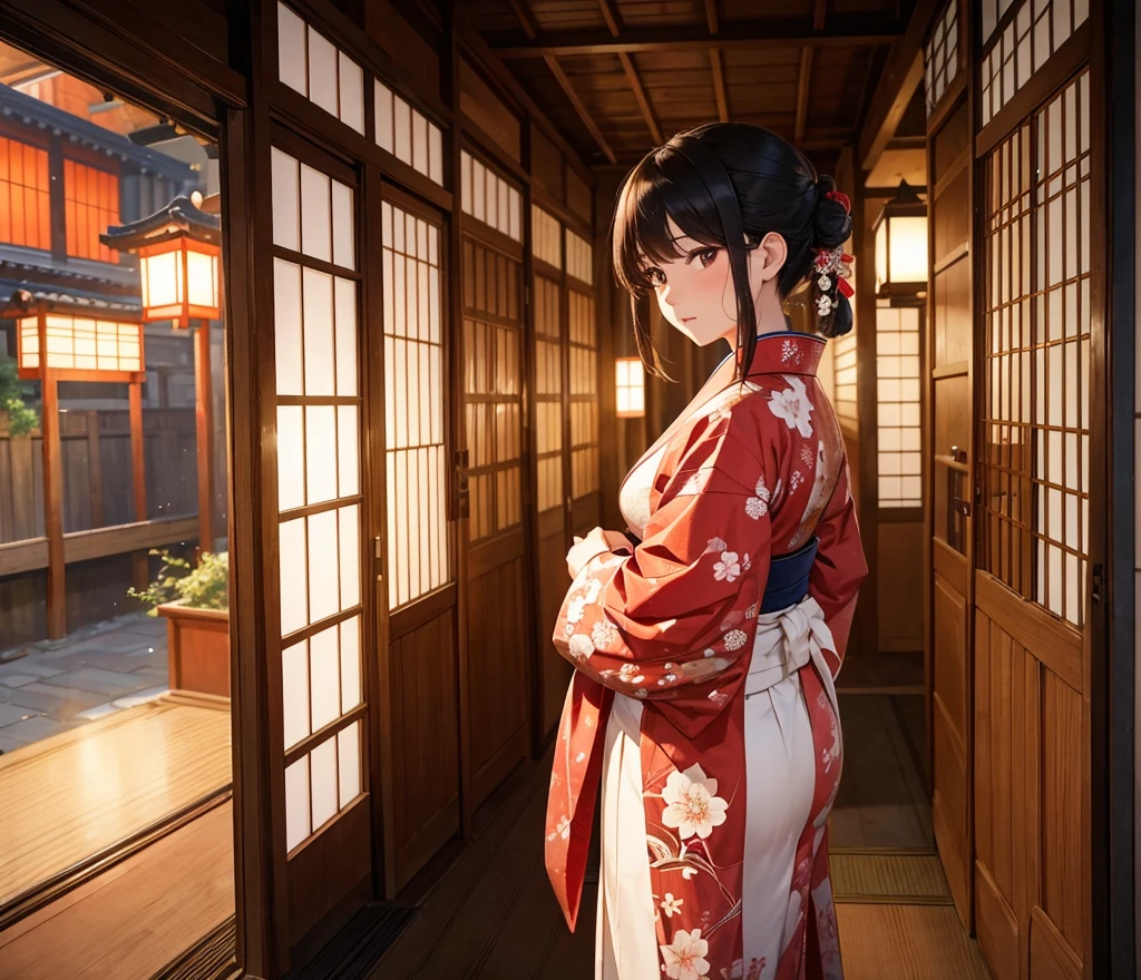 8K resolution, high image quality, high quality, real, a calm scene of a woman (high-class prostitute) in the Edo period staring out of the window in a traditional Japanese red light street building. The wooden building has a sliding paper door (shoji) and a lattice window. Oilan wears an exquisite kimono with a complex design, and her hair is styled with a traditional Japanese paper up with a gorgeous hairpin. She stands by the window and looks outside with a thoughtful expression. Outside, cherry trees line the street, their petals fall gently, and traditional lanterns illuminate the street with a soft and warm glow. The atmosphere is peaceful, but there is a sense of admit.