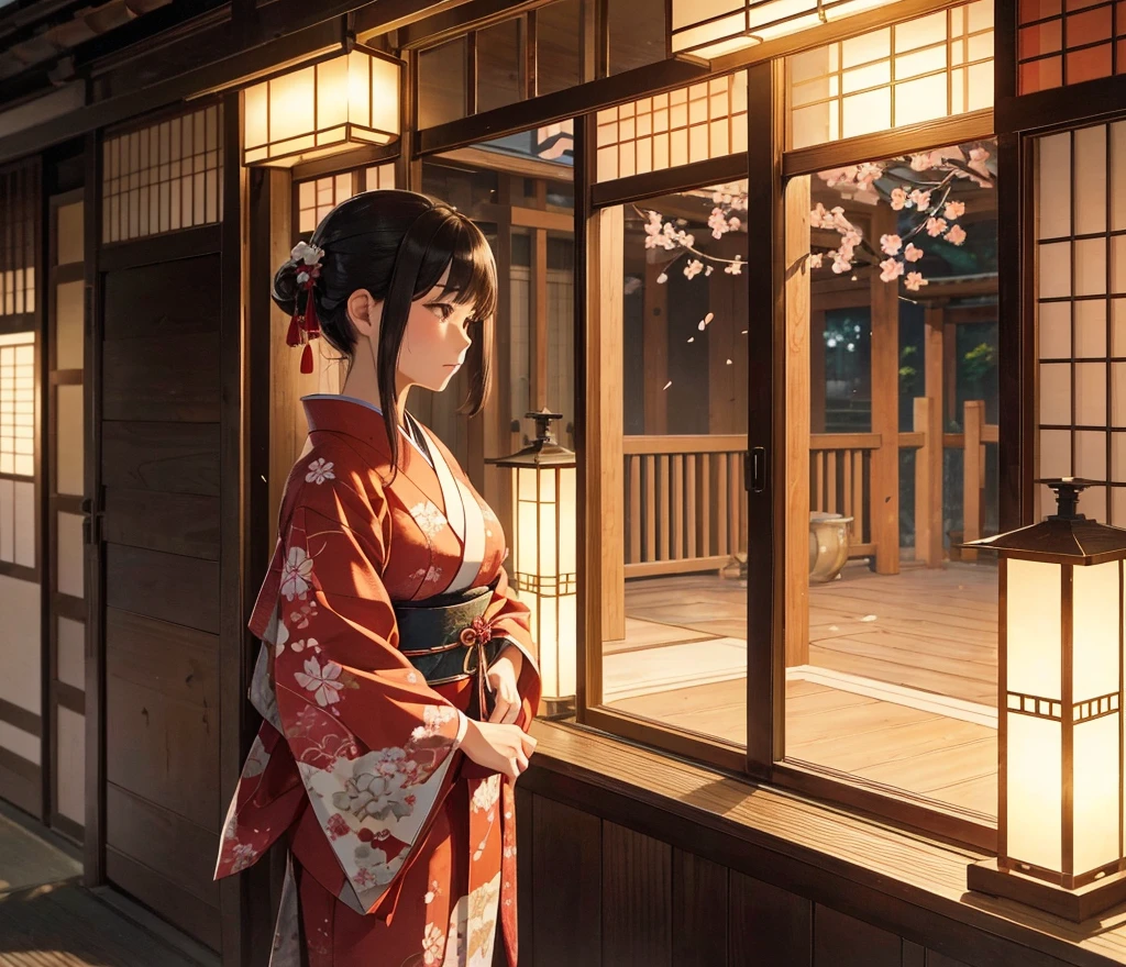 8K resolution, high image quality, high quality, real, a calm scene of a woman (high-class ) in the Edo period staring out of the window in a traditional Japanese red light street building. The wooden building has a sliding paper door (shoji) and a lattice window. Oilan wears an exquisite kimono with a complex design, and her hair is styled with a traditional Japanese paper up with a gorgeous hairpin. She stands by the window and looks outside with a thoughtful expression. Outside, cherry trees line the street, their petals fall gently, and traditional lanterns illuminate the street with a soft and warm glow. The atmosphere is peaceful, but there is a sense of admit.