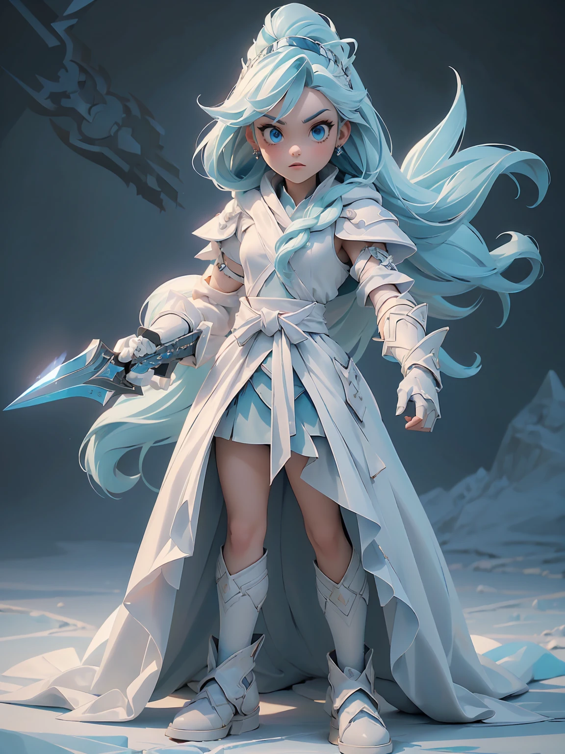 (((masterpiece, best quality, 8k))) Design a layout showcase Gaming character, (1girl),((perfect face, high detailed face)). Blue+White clothes, icy and pristine, ((showcase weapon:1.4)), ice staff, (masterpiece:1.2), (best quality), 4k, ultra-detailed, (Step by step design, layout art:1.5), (frosty lighting, chilling atmosphere), ice mage, ((fur gloves)), (((revealing gown:1.3))), ice vambraces, fur-trimmed boots, (((full_body_shot:1.4)))