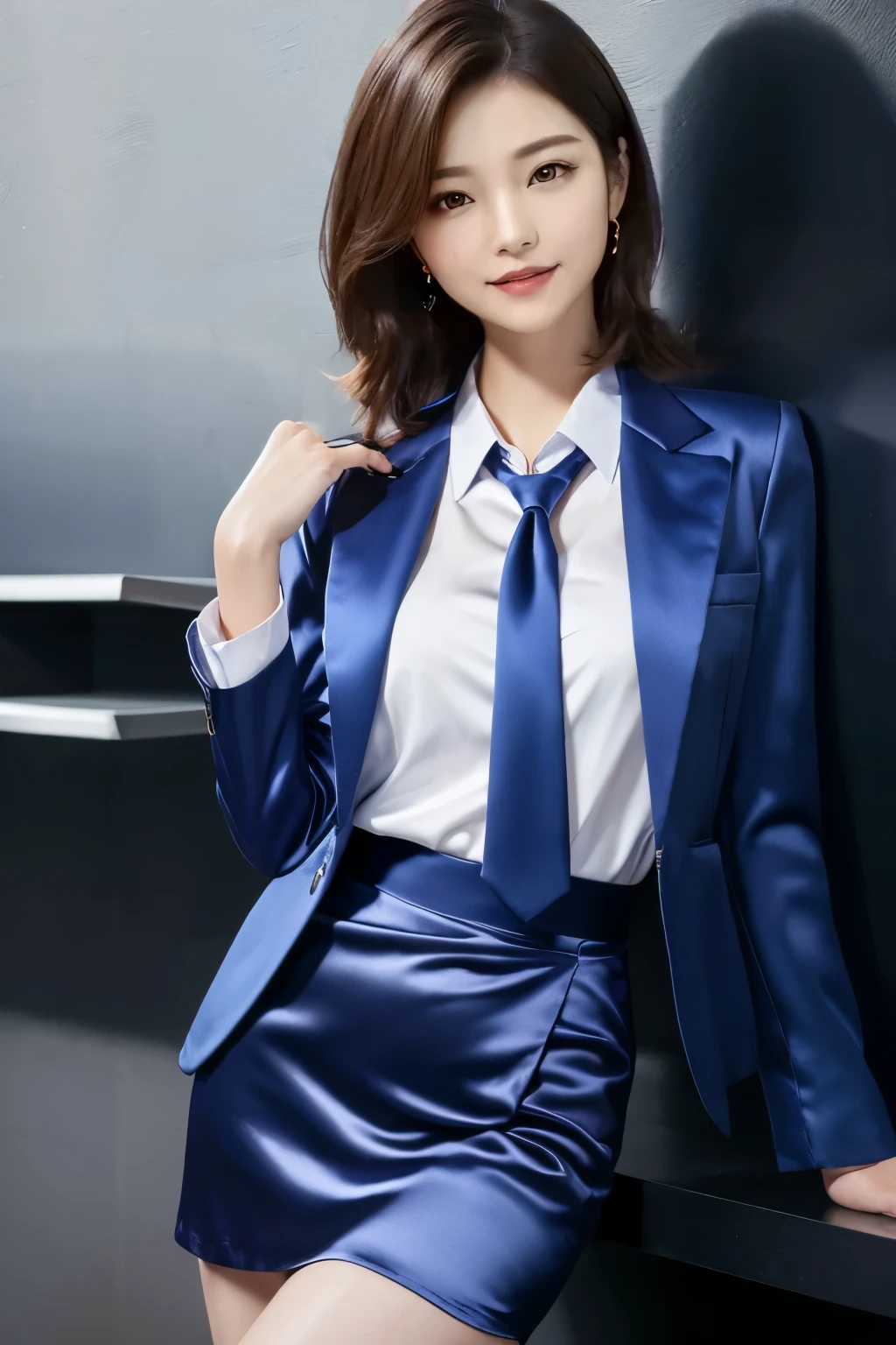 masterpiece、Highest quality、High resolution、Realistic、Beautiful Skin、Slim style、Medium chest、short hair、Full Body Shot、formal,Metallic Sky Blue、 satin silk business suit、Ribbon blouse、Satin silk tight skirt