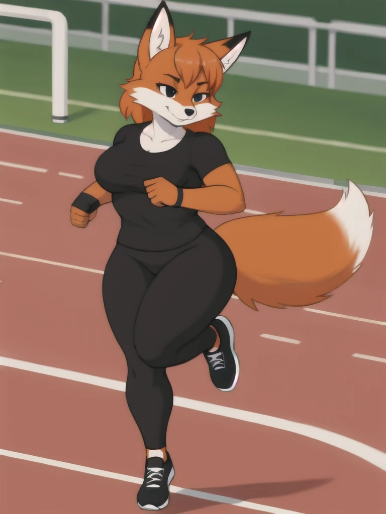 Furry, fox, female, black shirt, black leggings, shoes, running track, solo, full body