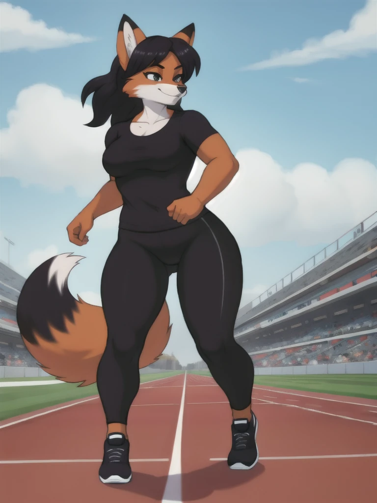 Furry, fox, female, black shirt, black leggings, shoes, running track, solo, full body