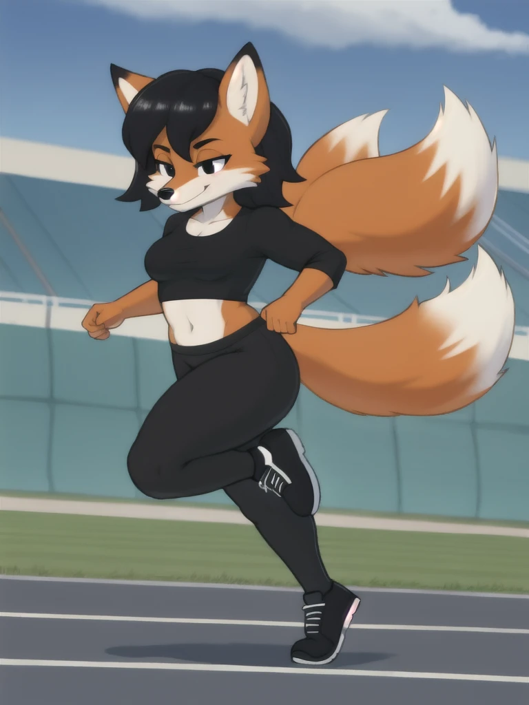 Furry, fox, female, black shirt, black leggings, shoes, running track, solo, full body