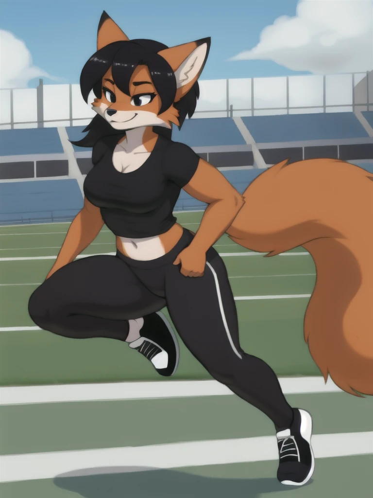 Furry, fox, female, black shirt, black leggings, shoes, running track, solo, full body