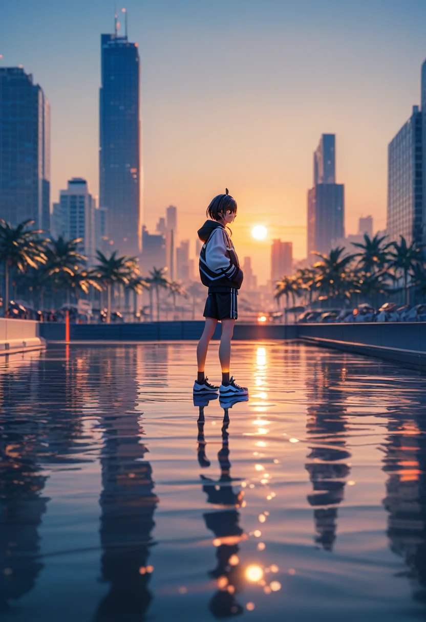 Create a striking artwork featuring a dramatic sunset over a city skyline, framed by a mosaic-like structure. The sky should be a vivid blend of reds and oranges, with the sun partially obscured, casting a warm glow. In the foreground, a figure stands on a reflective surface, mirroring the colors of the sky and the city. The scene should evoke a sense of exploration and wonder, with silhouettes of palm trees and buildings adding depth. The overall composition should convey a surreal and captivating atmosphere, blending urban life with natural beauty.
