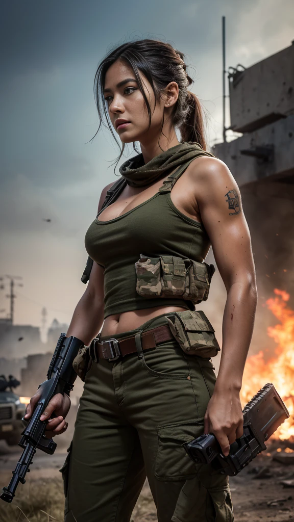(8K, Raw-Photo, best qualtiy, tmasterpiece:1.2),(realisticlying, photograph realistic:1.4),(Highly detailed CG unity 8k wallpaper),(Round face: 1.5), (detailed pupil:1.3),(Cool Eyes:1.1),(little smile:1.1),(Unforgettable Eyes:1.1),(The eyes are so beautiful:1.1),
24yo, Korean Woman, tanned, bronze skin, Clothed U.S. Marine Corps Uniform, Fighting on the battlefield, strong muscles, world war, Modern War Theme,Army Girl, assault rifle, (holding rifle: 1.3), (Aim and hold the rifle.: 1.3), very beautiful italian military girl, Infantry Girl, Shootout, air raid, air raid, Military, Green military tank top, Burning Vehicles, Warzone, battlefield, karo, ruins, explosions, The Burning City, smoke, Torn tank tower, navels, glove, Ripped military pants, A face stained with mud and blood, skin wet with sweat, bloody skin, Skin stained with mud, tiny, cleavage, Expressions of Determination, Strict wording, Highest Quality, The ultra-Highres, absurdities, realisitic, physics based rendering(physics based rendering(Physically Based Rendering)), Cinematic lighting, Complex and cinematic appearance,Cinematic Soft Light, soothing tones, Battlefield Background, city war background, Photorealistic, cowboy shots, Dynamic Angle,Jeep parked on a brick road in the parking lot, Jeep Wrangler, jeep, Front Profile, ๐ฆฉ๐ช๐๐ฉ๐ป๐ฆณ, Front profile shot, Mahindra Tar, electric wires, 8K!!, stunning masterpiece, Fuji Lead, Full Front, 2 0 1 9, 2019, Soft Top, making: Tom Carafique, large breast, aiming gun like sniper