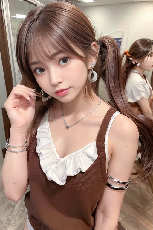 (Eye Focus:1. 3),8K,RAW Portrait,Model Pose,Sharp Focus,Realistic,Ultra High Resolution,Top Quality,(Natural Skin Texture,Fine Skin,Ultra Realistic,Ultra Sharp),(Correct Human Body,Perfect Image Realism,Perfect Anatomy),(Beautiful Elaborate Face,Beautiful Facial Lines ),(left-right balance),(intricate detail, depth of drawn borders, random sexy poses,(((one japanese girl))), (22 years old:1.5), (Cute Japanese Idols),college student studying art, (make-up face), glossy lips, well groomed eyebrows, (Glossy ash brown hair color, twin-tail hairstyle:1.8),  model figure, slim figure, ((small breasts,flat chest))), (protruding nipples),((nipples visible:1.5, clean nipples)),(bright, energetic, friendly student enjoying campus life:1.2) ,(wearing colorful earrings, multiple necklaces, necklace with bright orange charms, Bold silver bangle, many accessories:1.5), idol Sculpture,