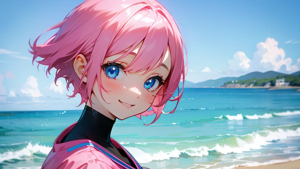 Pink hair shorthair、Blue Eyes、smile、Girl looking at the sea