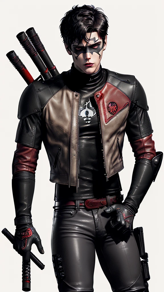 ,((jason todd)),((young cute and cool ikemen boy)), ((face is no paint and no mask)),((mesh bands only white color)),his age is early 20s, thin eyebrows and beady eyes, ((he wearing all beige color thin leather jacket)),(( single-brest)),((leather jacket is long sleeve)),((also wearing black thick material turtleneck lackluster shirts)),((chest area on a red color bat illustration)), ((tight dark gray color leather pants)),((put on black color tactical leather glove on both hands)),((black color middle length leather boots)),((Japanese style character))
