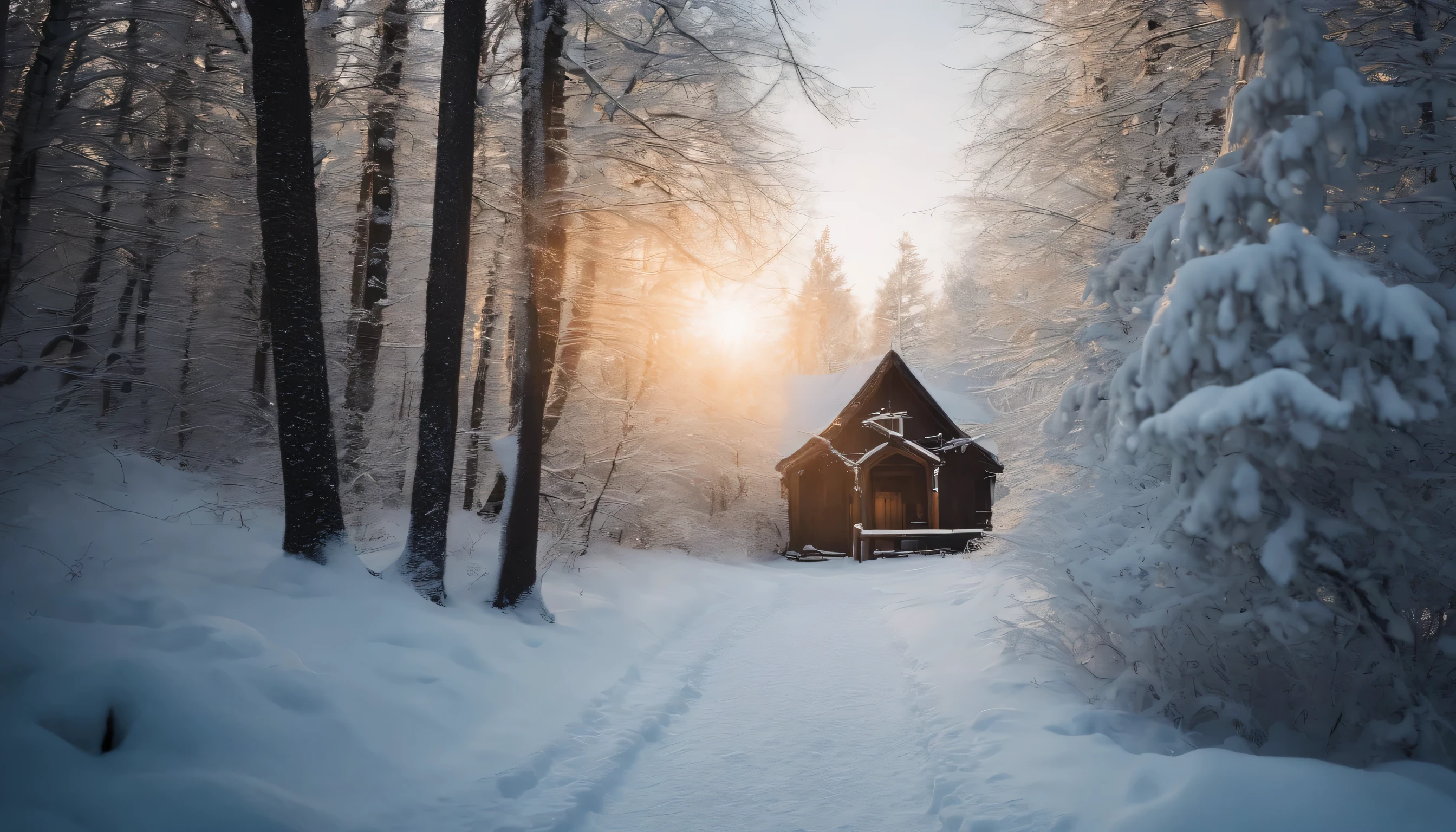 A scenic winter forest with snow-laden branches, where a pathway leads to a hidden cabin glowing with warm light and surrounded by frost-kissed trees.