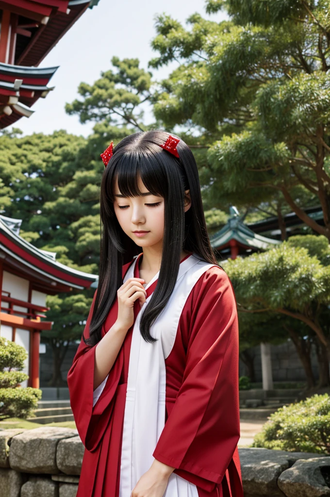A shrine maiden with eyes conceal her own eyes anime version