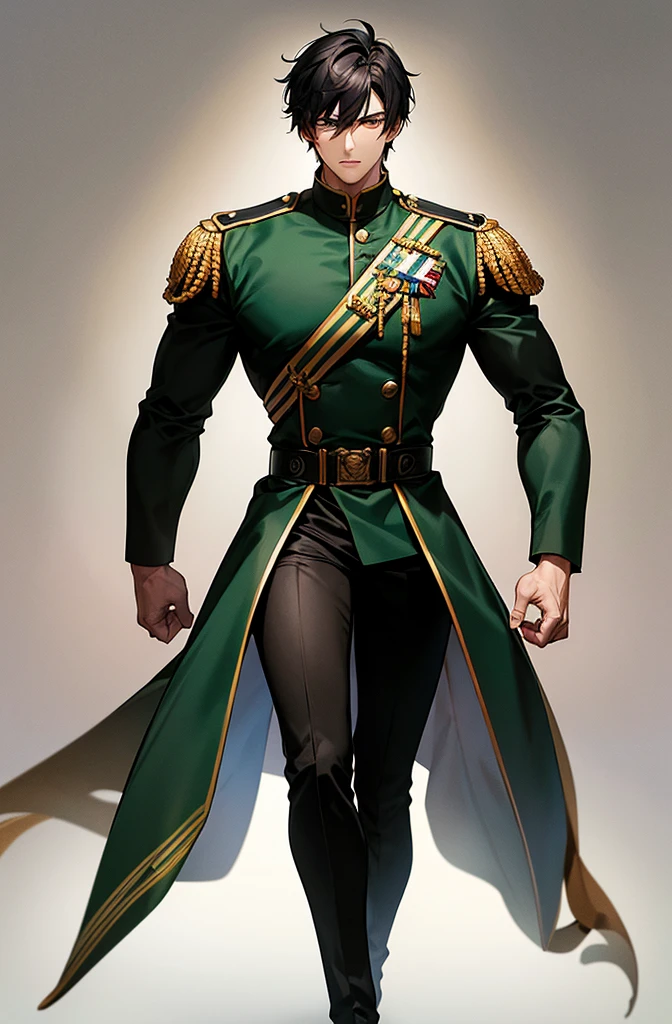 Content: A well-built male anime character in a black military outfit. He has dark skin, short black hair, and striking green eyes. The uniform is gilded black, adding a touch of elegance and authority. He has broad muscles and an older-looking, battle-hardened face with scars.

Medium: Digital art, anime illustration.

Style: Anime handsome man, detailed character design, with fine line work and intricate textures on the uniform and character.

Lighting: Dramatic, with strong contrasts to highlight his authoritative presence and the details of his uniform and features. Subtle shadows to add depth and realism.

Colours: A palette dominated by blacks and dark greys with gold accents, with the green of his eyes standing out against the darker tones of his uniform and skin.

Composition: A full body shot, with the character standing confidently, his broad muscles and battle-hardened face clearly visible. The background is a muted, dark color to emphasize the character's imposing presence.